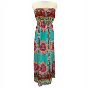 R‎ Rouge Turquoise Pink Mandala Print Boho Strapless Smocked Maxi Dress Size S
